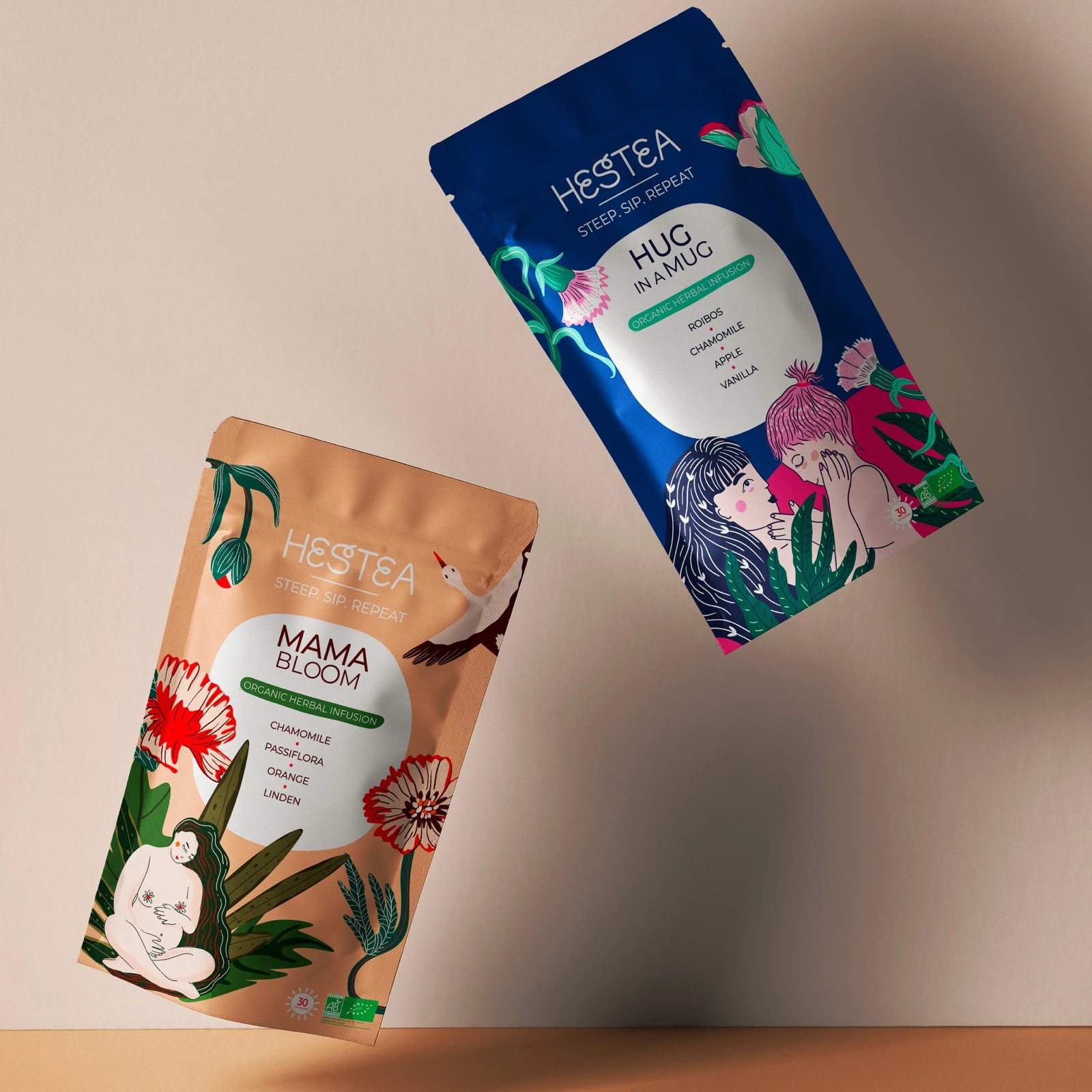 Packaging d’infusions Hestea illustré de fleurs et de feuillages