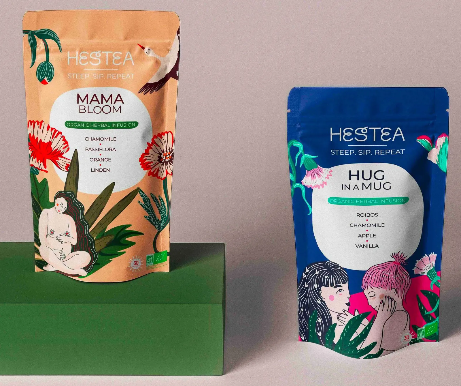 Duo de packagings Hestea Mama Bloom et Hug in a Mug