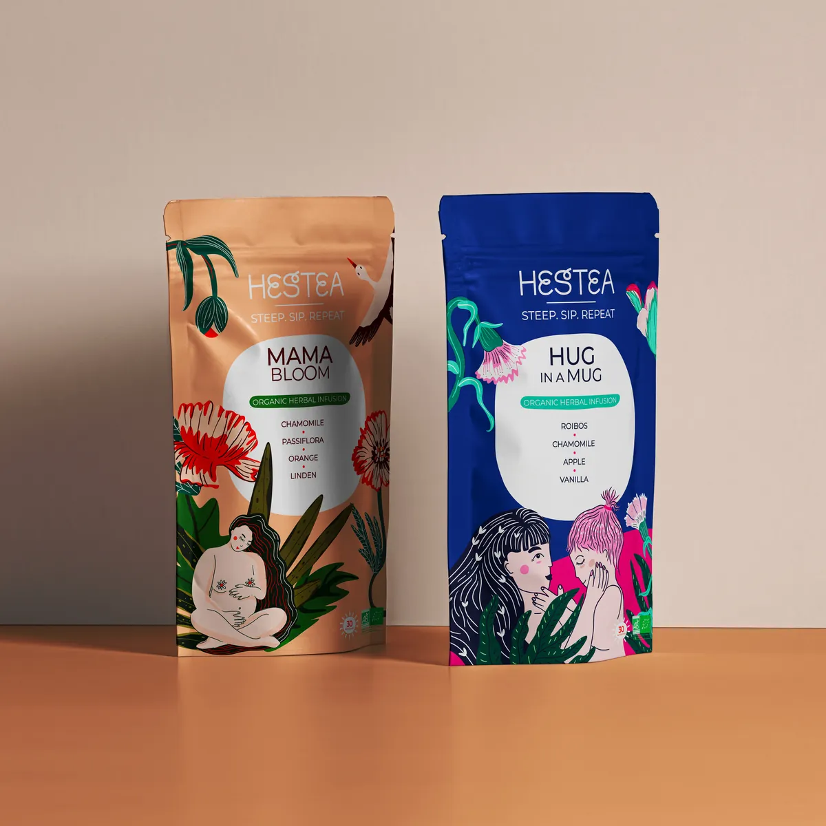 Gamme de sachets Hestea sur un socle orangé