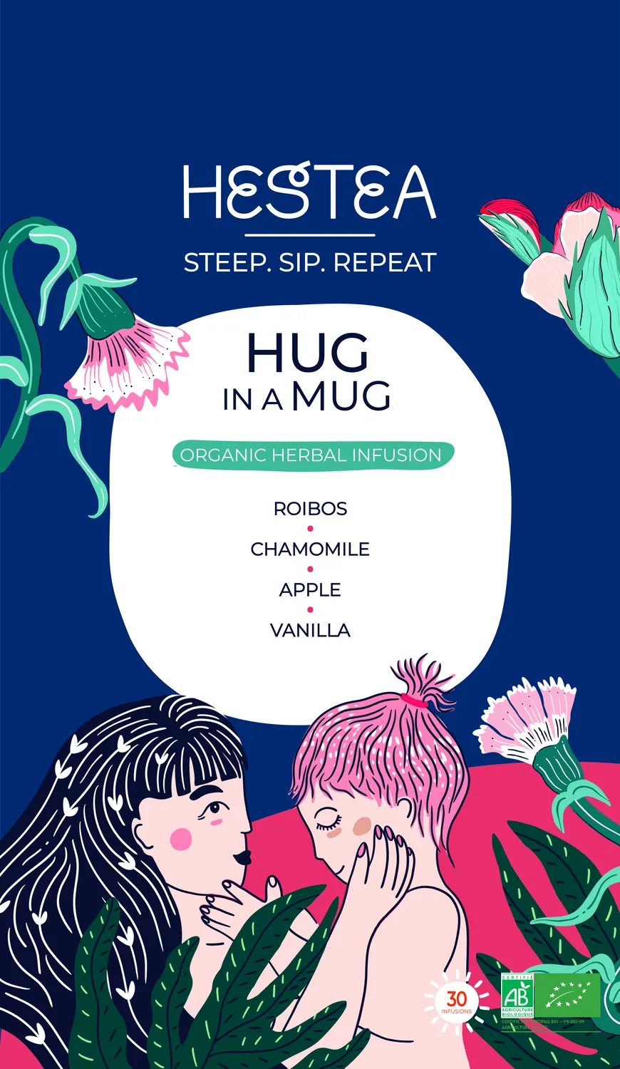 Illustration Hug in a Mug, deux personnages dans un jardin