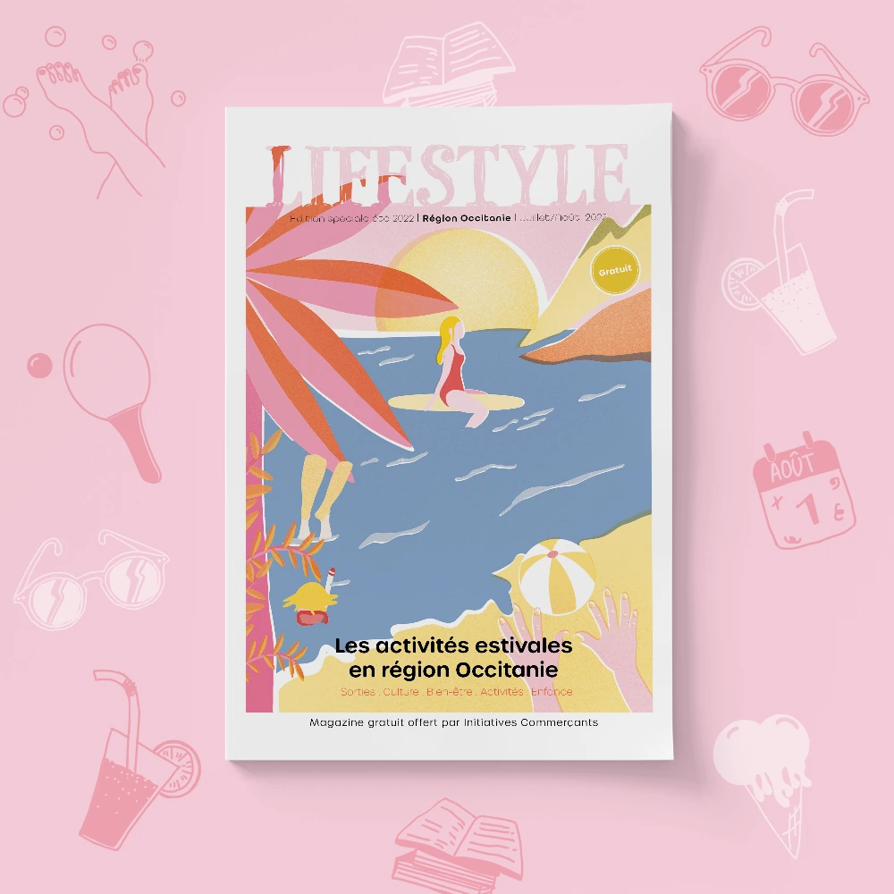 Couverture du magazine Lifestyle sur un fond rose décoré de pictogrammes estivaux