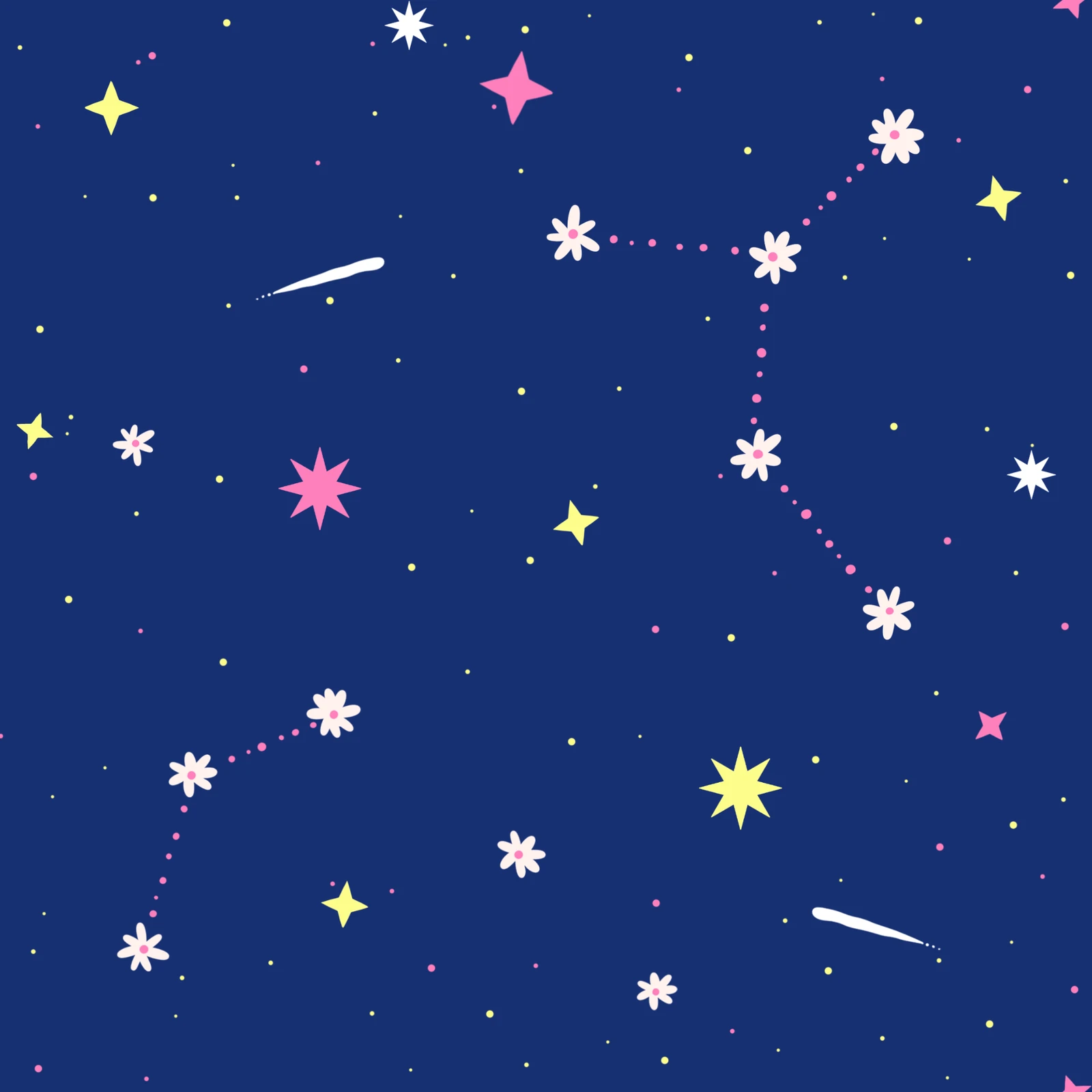 Motif coordonné Twinkle : petites étoiles et constellations florales sur fond bleu