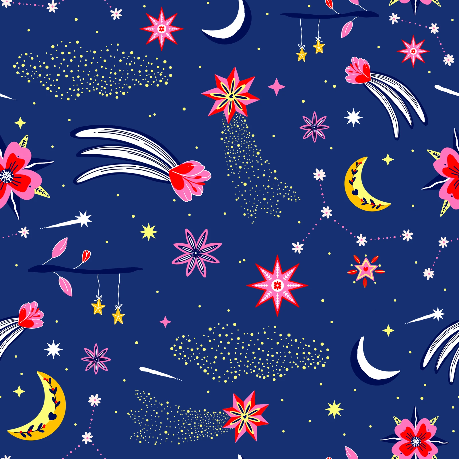 Motif principal Twinkle : grandes fleurs, lunes, étoiles et constellations sur fond bleu