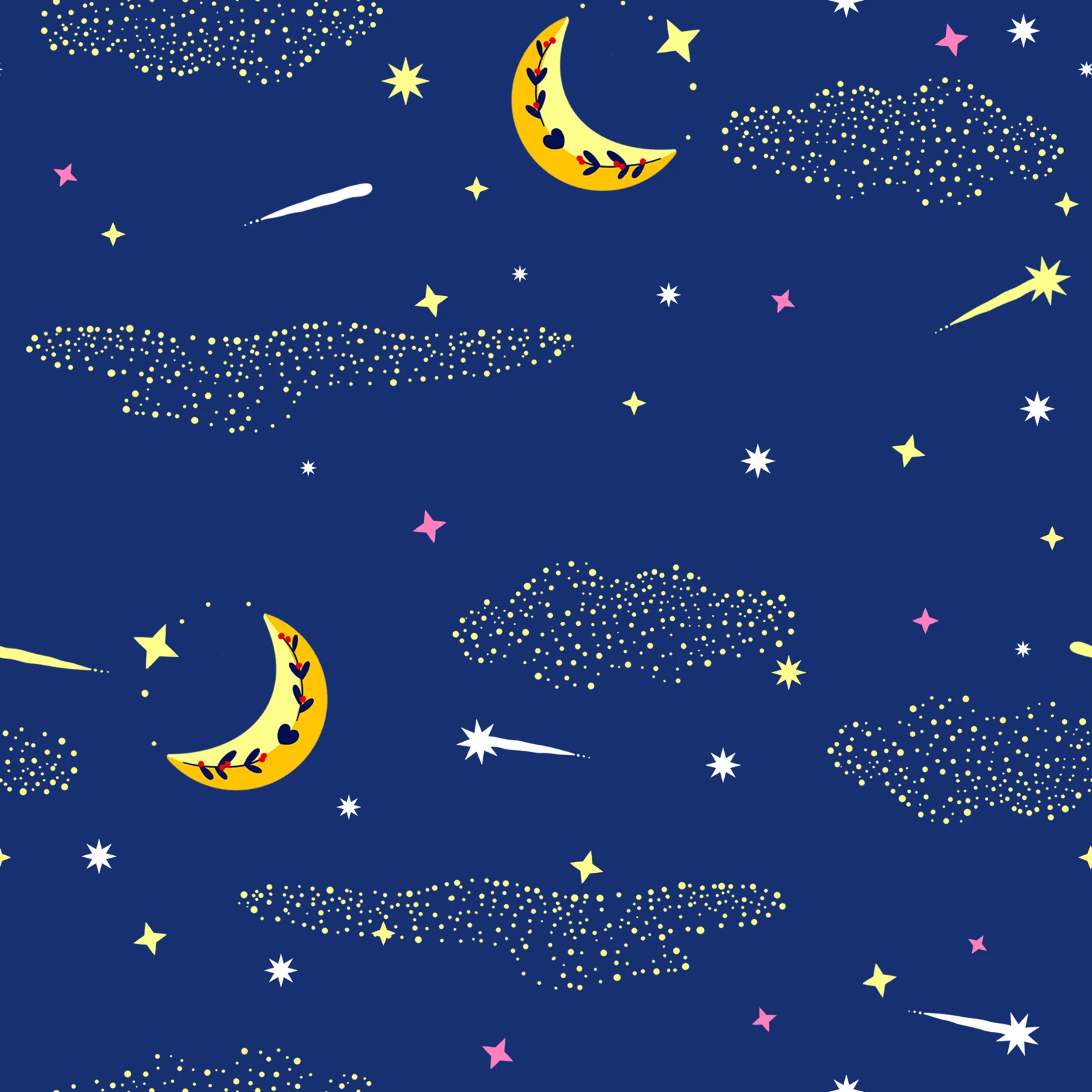 Motif secondaire Twinkle : lunes, étoiles filantes et nuages de points sur fond bleu