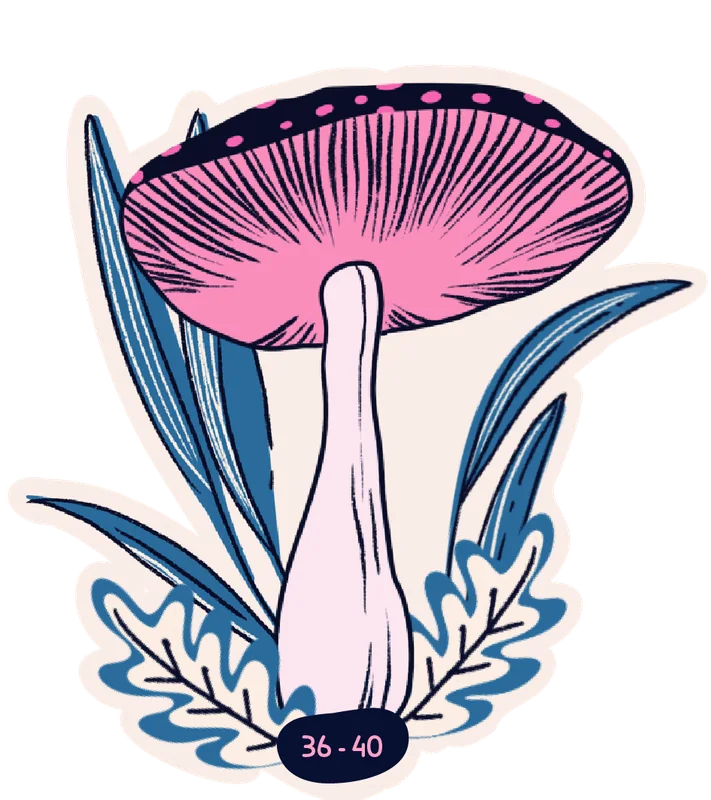 Étiquette Woodland du modèle bleu : grand champignon rose, herbes et feuilles