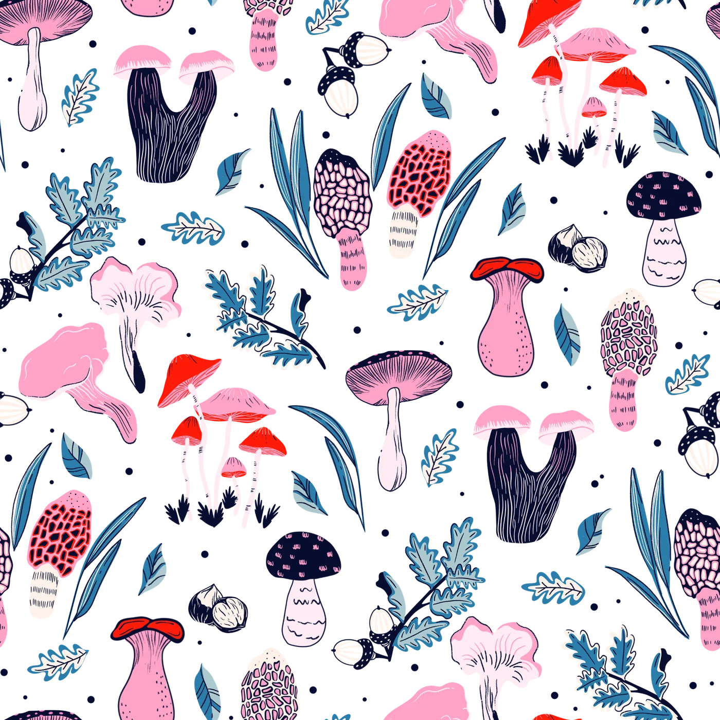 Le motif original Woodland : champignons, glands, noisettes et feuillages